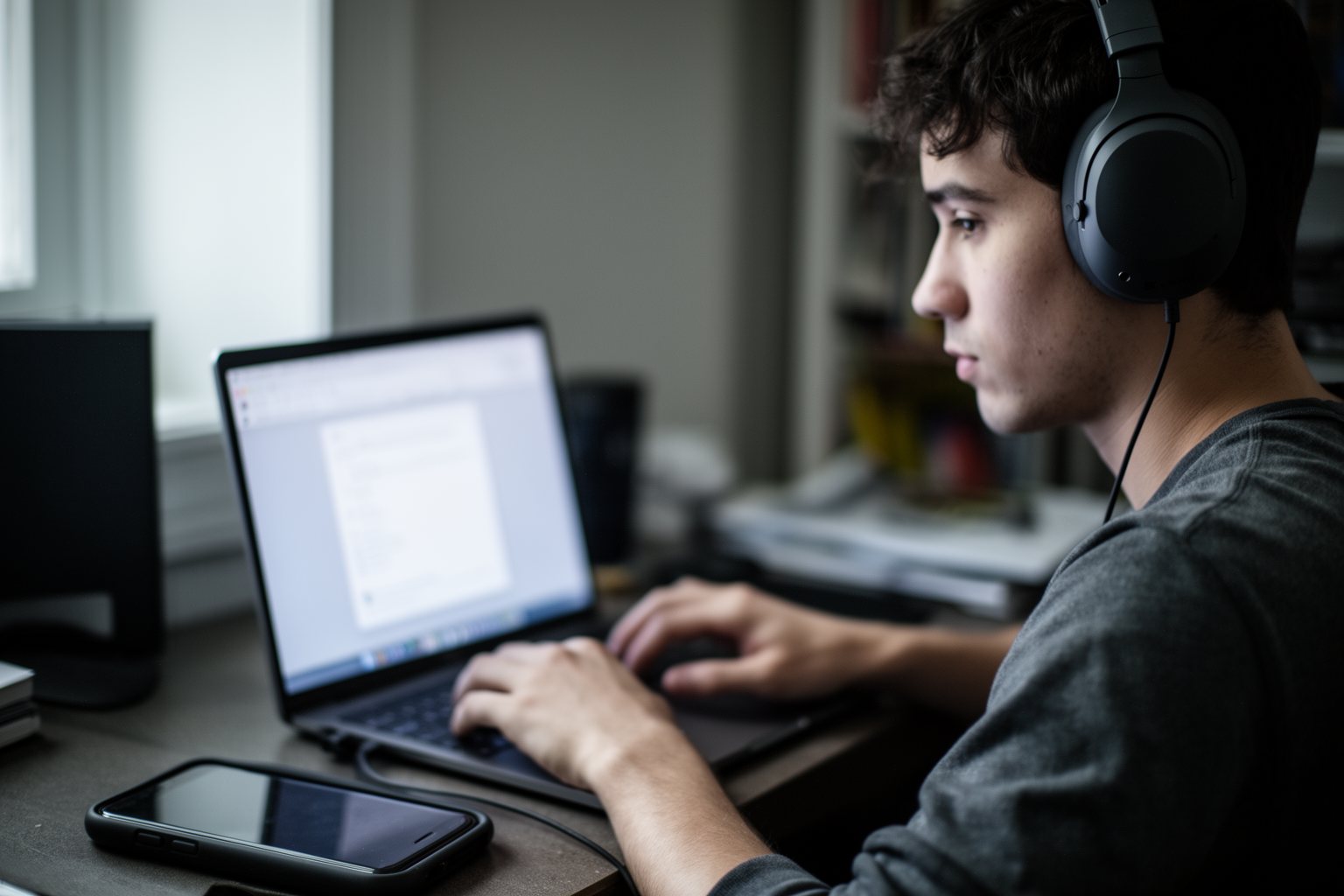 Worker in headphones at a laptop with the phone turned face down to avoid distractions