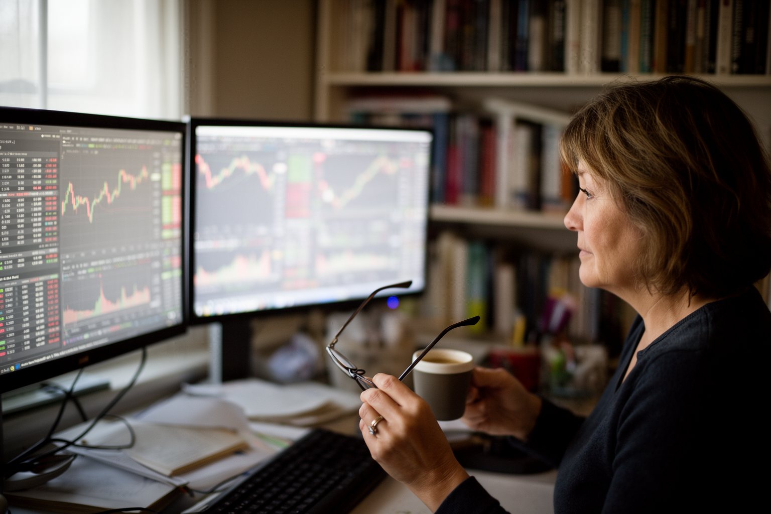 Investor studying the stock market at a home desk with two monitors and a coffee