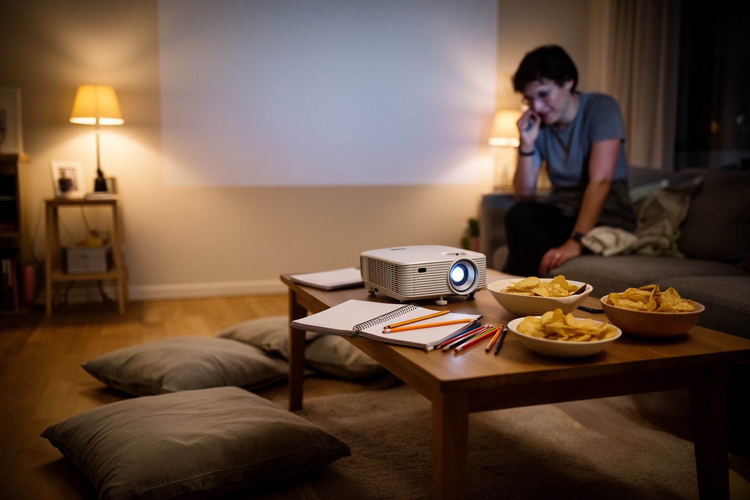 Educational Movie Night: The Art of Learning Through Fun Living room set up for a learning movie night with a projector, notebooks and snacks