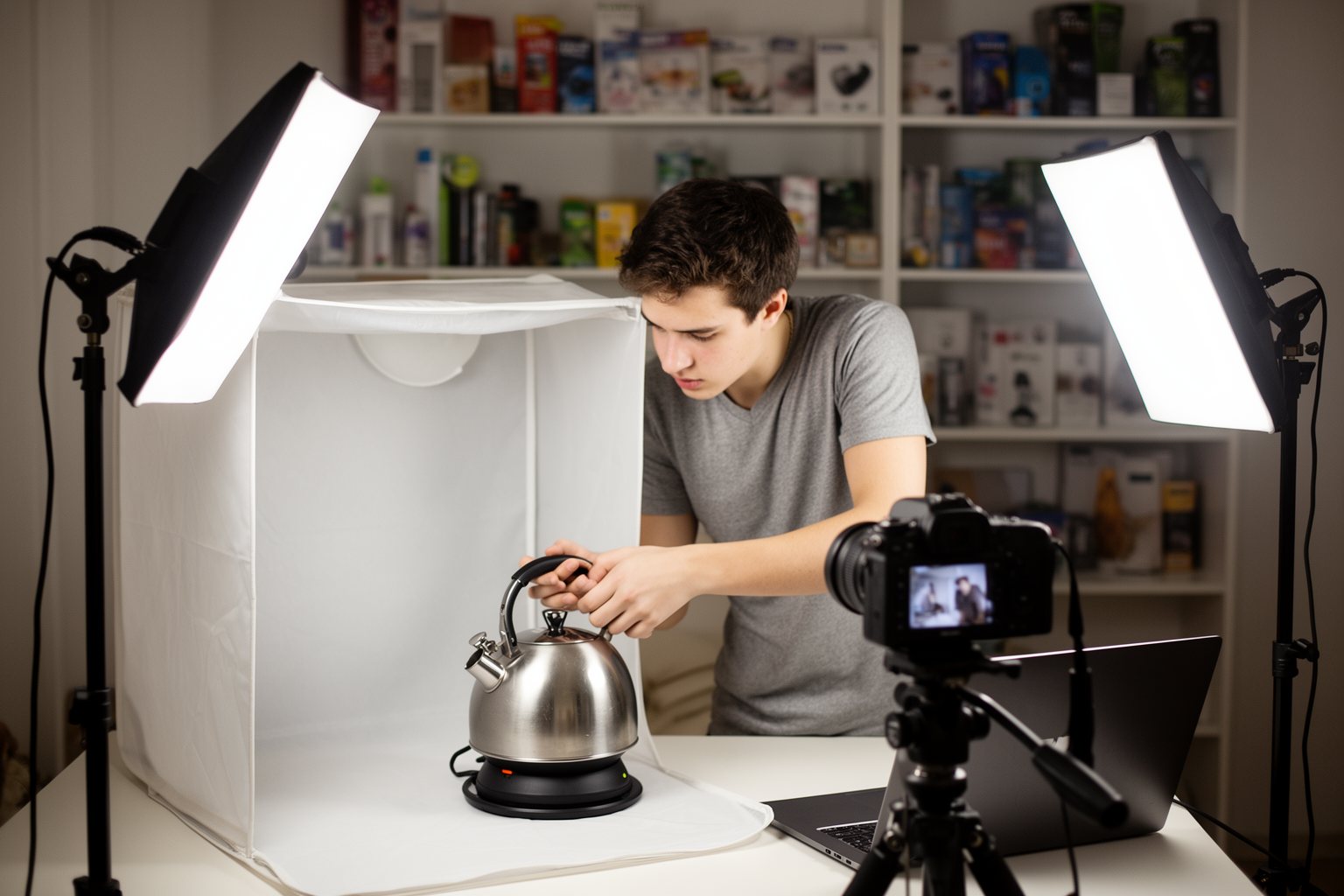 Maximize Your Profits: Amazon Money Making Guide Seller photographing a product in a lightbox for an online listing