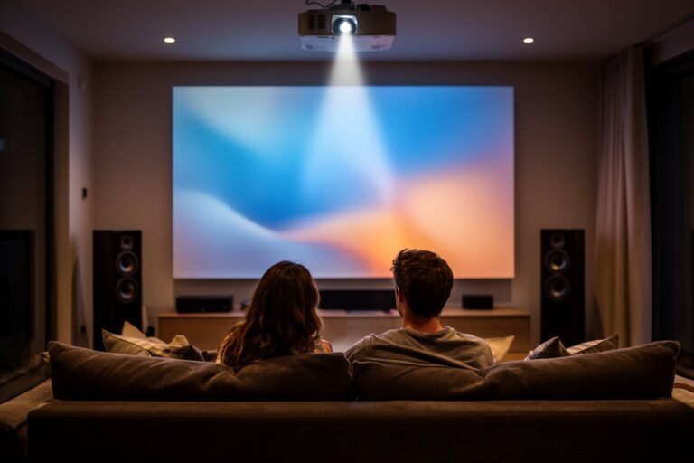Silver Screen to Home Screen: The Future of Film Viewing Couple watching a film on a large screen in a dim modern home theatre