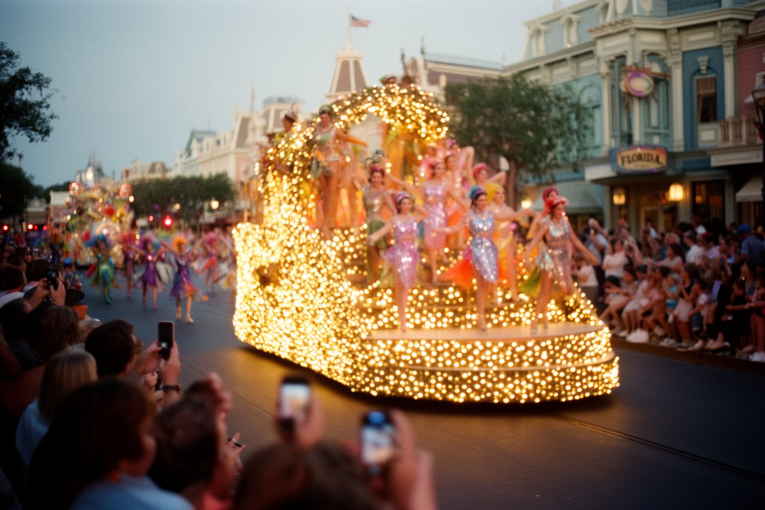 Is the Magic Kingdom Losing Its Sparkle? Crowd watching an illuminated evening parade float glide past at an Orlando theme park
