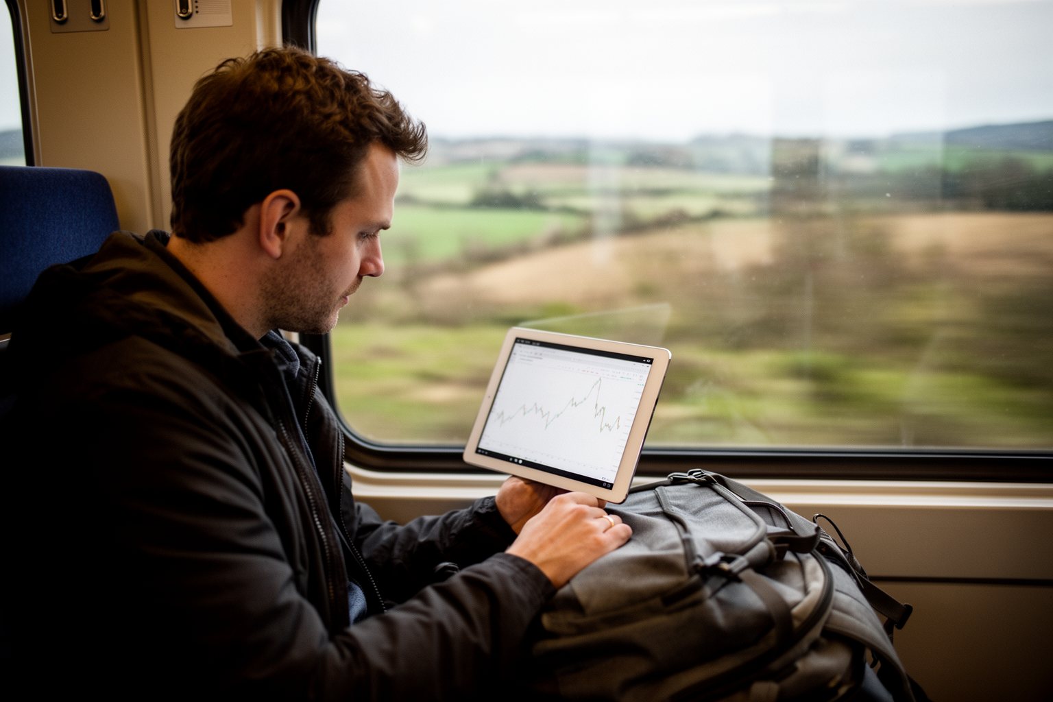 The Silent Money Maker: Passive Income Secrets for a Secure Future Commuter glancing at an index fund portfolio on a tablet during a train ride