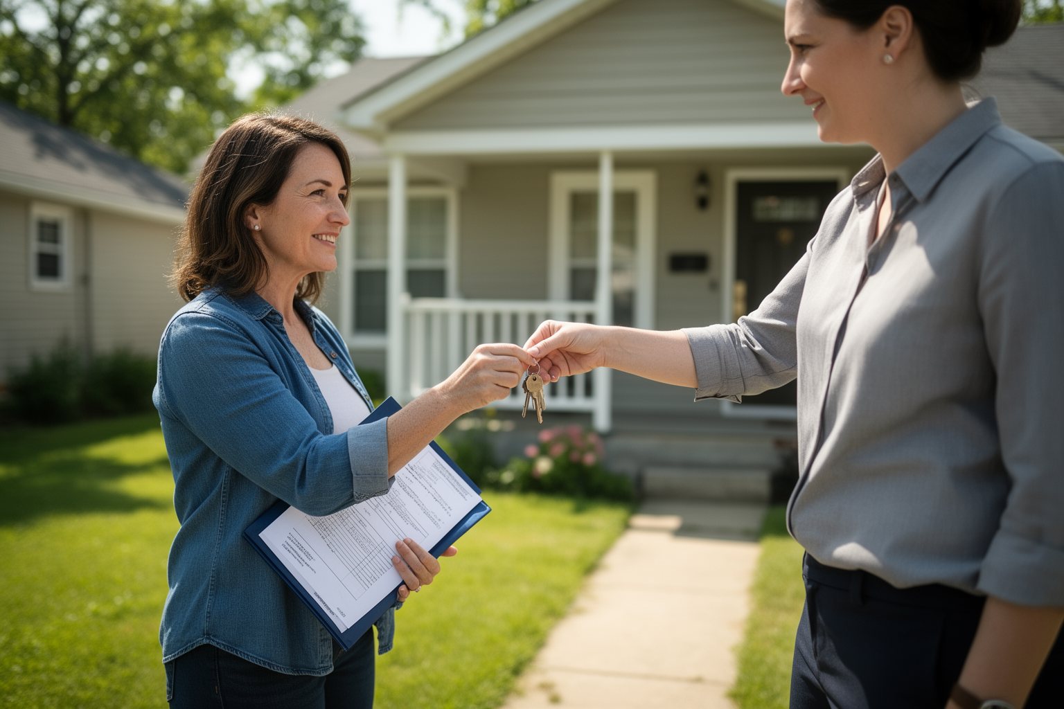 New real estate investor receiving keys at the door of a small rental house