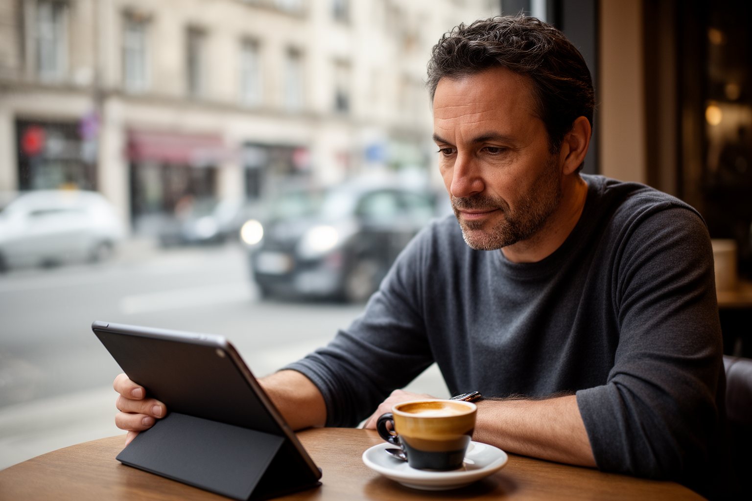 The Art of Building Wealth Investor checking a long-term portfolio on a tablet at a cafe table