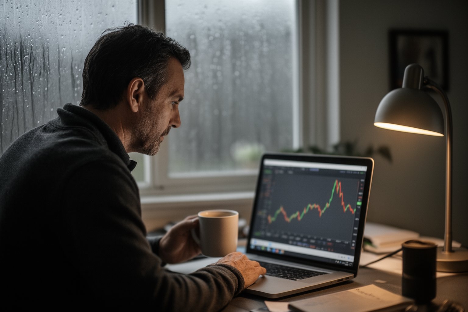 Investor watching volatile markets from a home office on a rainy day