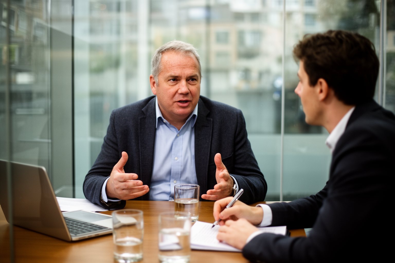 Unemployment in Your 50s: From Jobless to Joyful Candidate in his fifties confidently answering questions from a younger interviewer