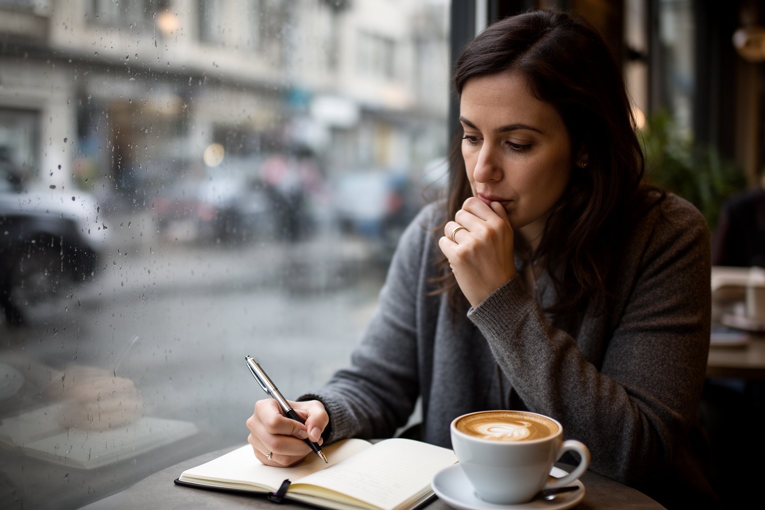 Woman journaling about her job dissatisfaction at a café window seat