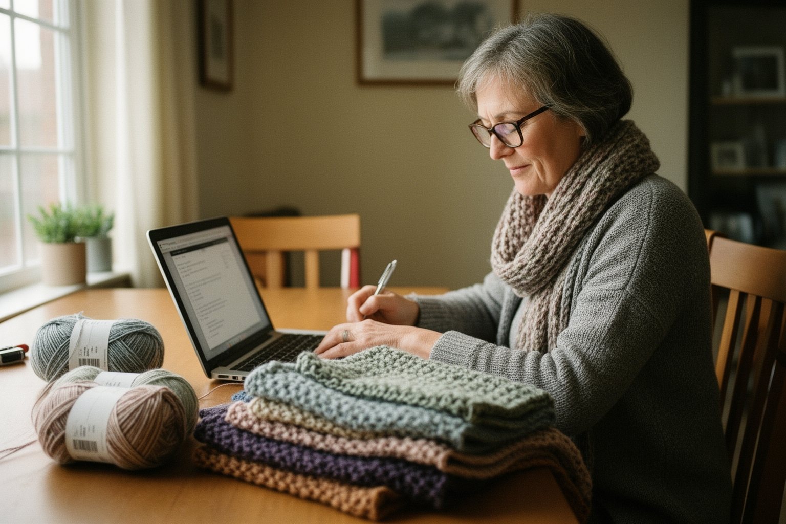 Maximizing Profits: The Art of Selling on Etsy Knitwear maker writing product listings on a laptop with scarves beside her