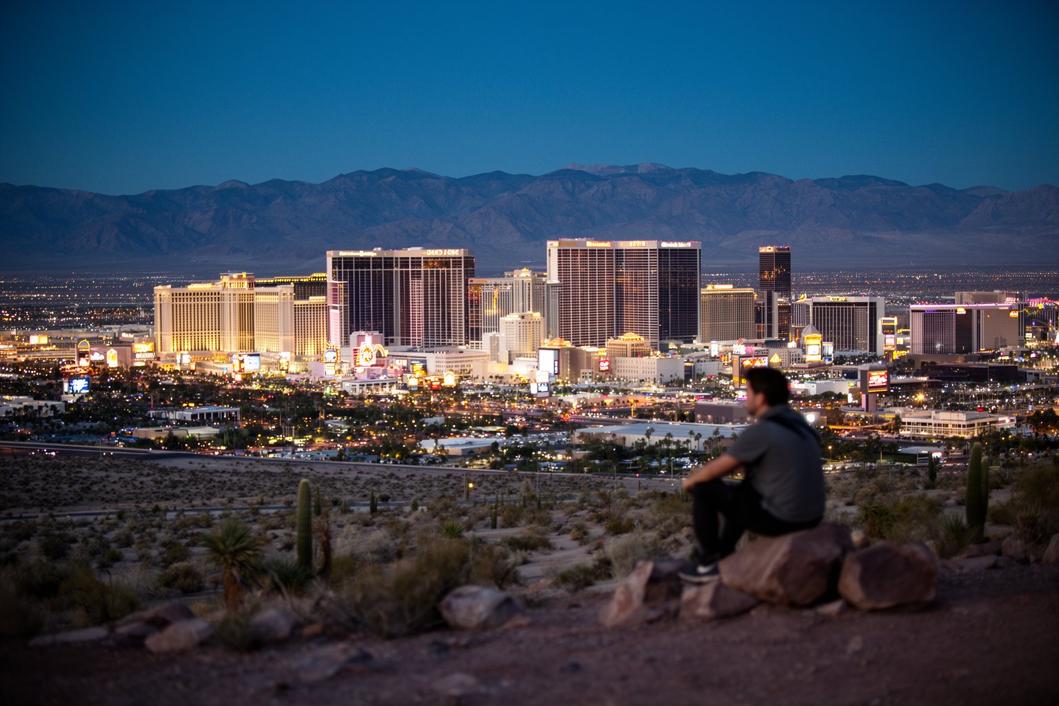 Vegas Nightlife Guide: Clubs, Shows, Casinos and Late Eats Las Vegas skyline glowing at blue hour seen from the desert edge of the valley