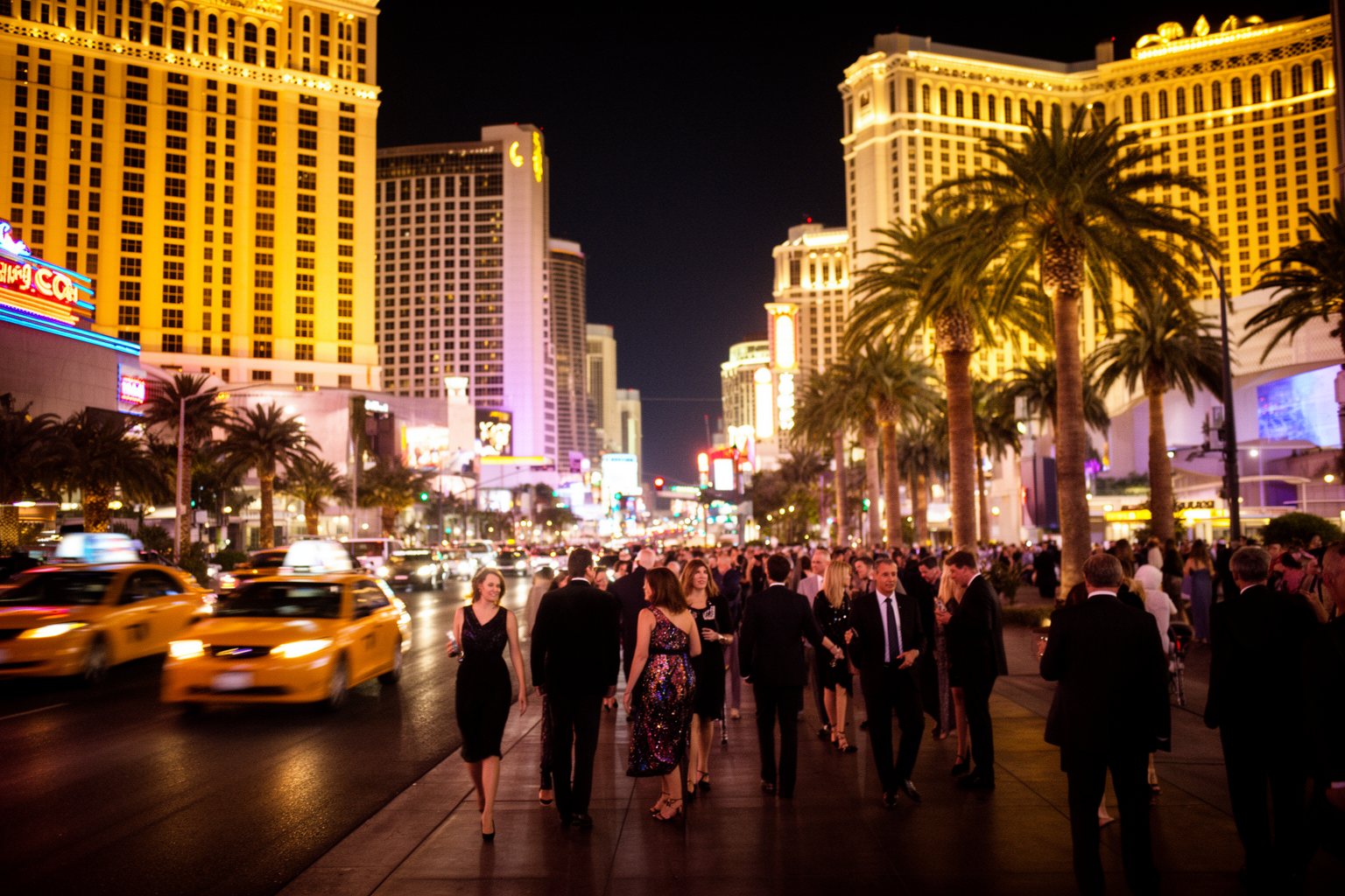 Vegas Nightlife Guide: Clubs, Shows, Casinos and Late Eats Crowds walking the Las Vegas Strip at night under glowing resort lights, the heart of Vegas nightlife