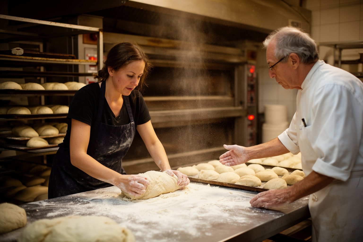 Career changer learning to knead bread dough under an experienced baker's guidance