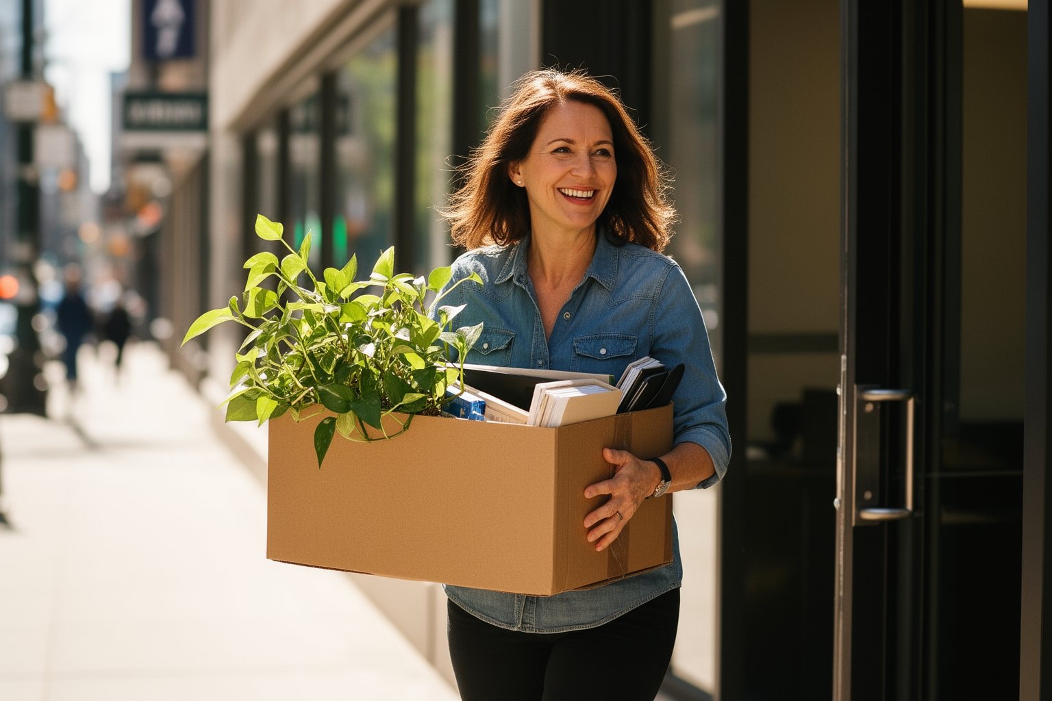 Smiling woman carrying a box of desk belongings out of the office after deciding to change careers