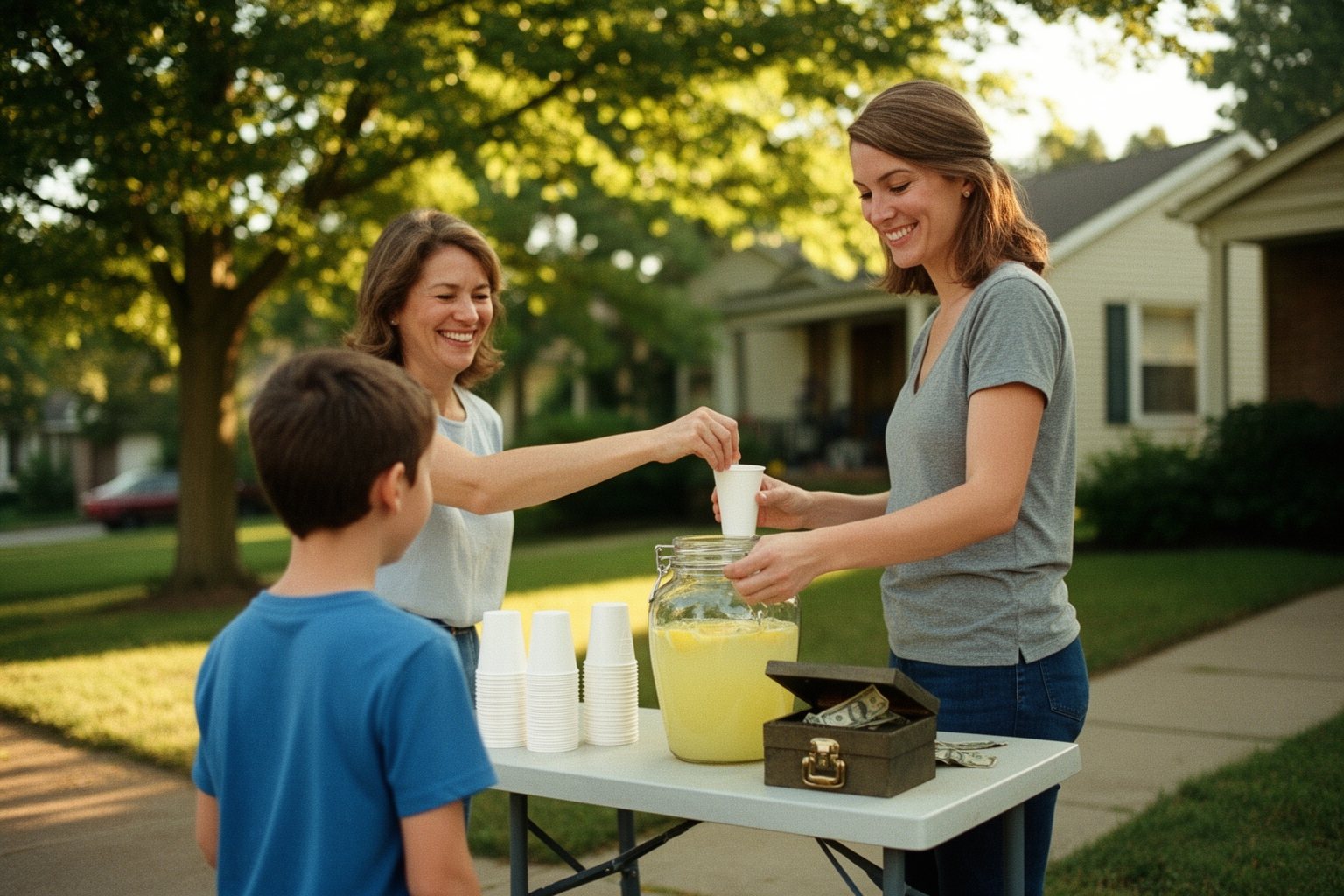 Financial Literacy for Kids: A Parent's Guide Neighbourhood lemonade stand on a sunny sidewalk with a parent helping out