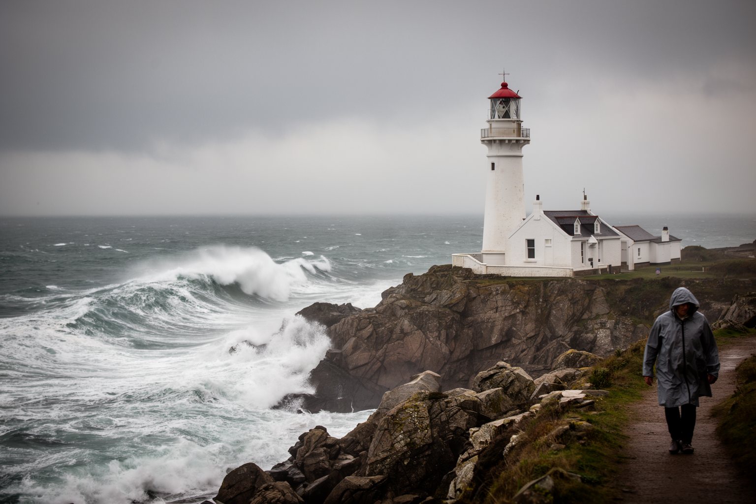 Lighthouse standing firm on a rocky coast as waves break below