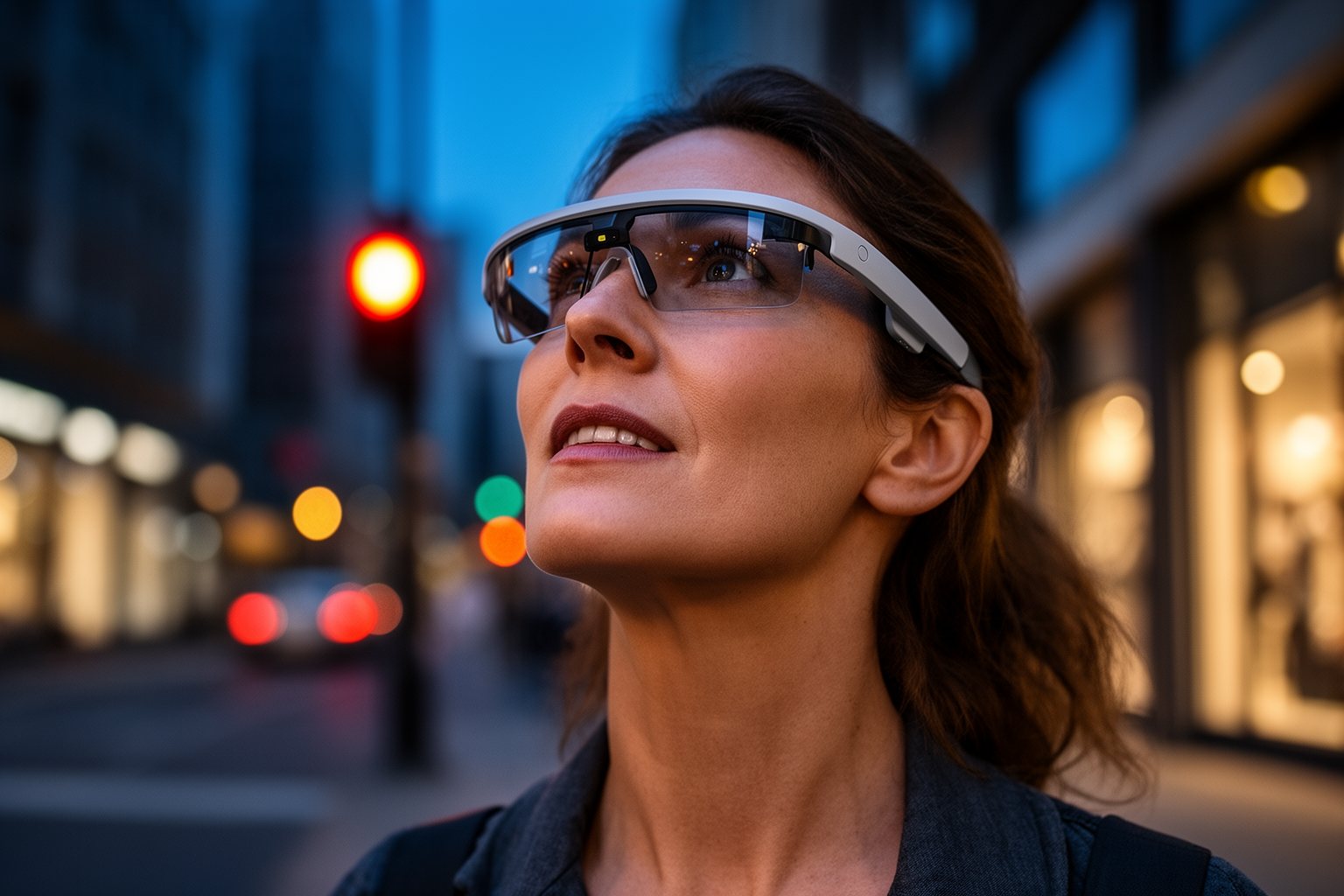 Transforming Realities: The Evolution of VR Gaming Woman wearing slim mixed reality glasses on a city street at dusk