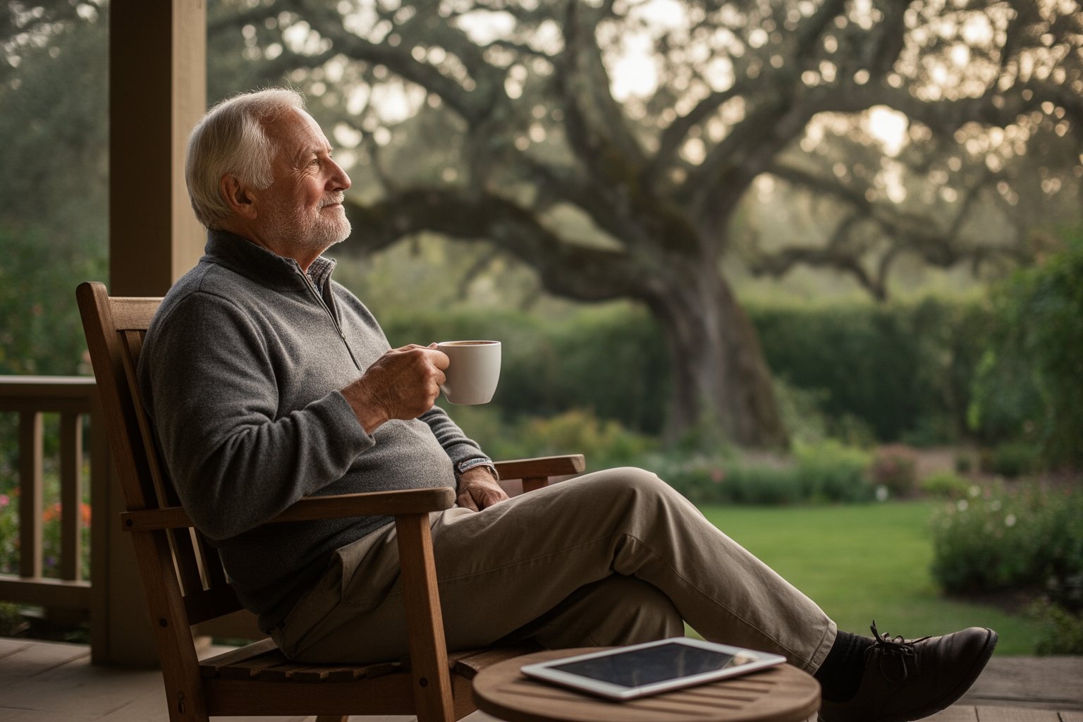 Retired long-term investor relaxing with coffee on a wooden porch