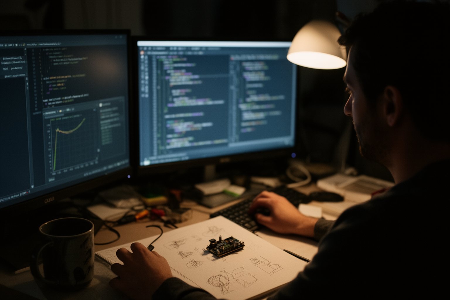 Machine learning engineer working late at a desk with two monitors and circuit boards