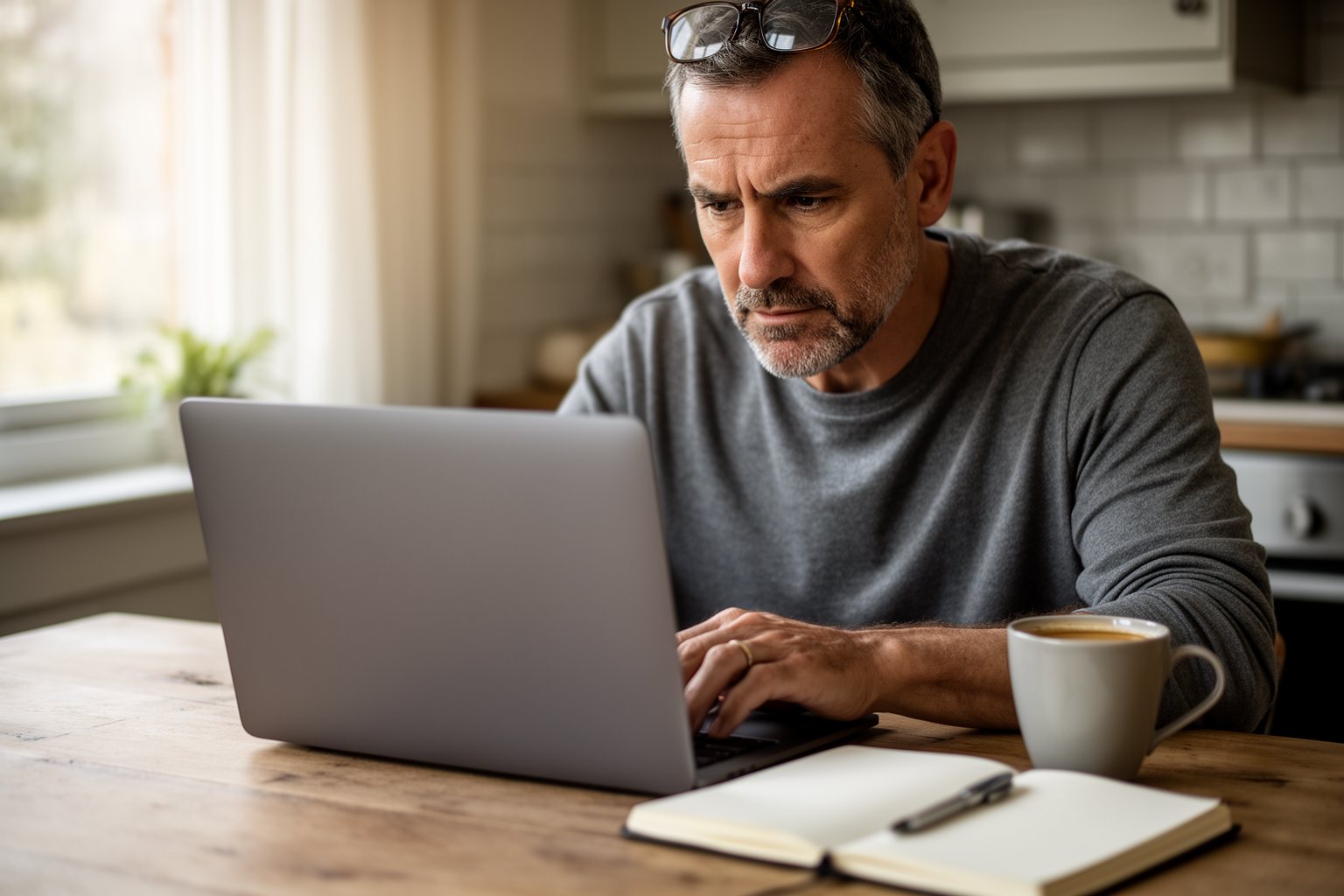 Unemployment in Your 50s: From Jobless to Joyful Man in his fifties searching for jobs on a laptop at his kitchen table