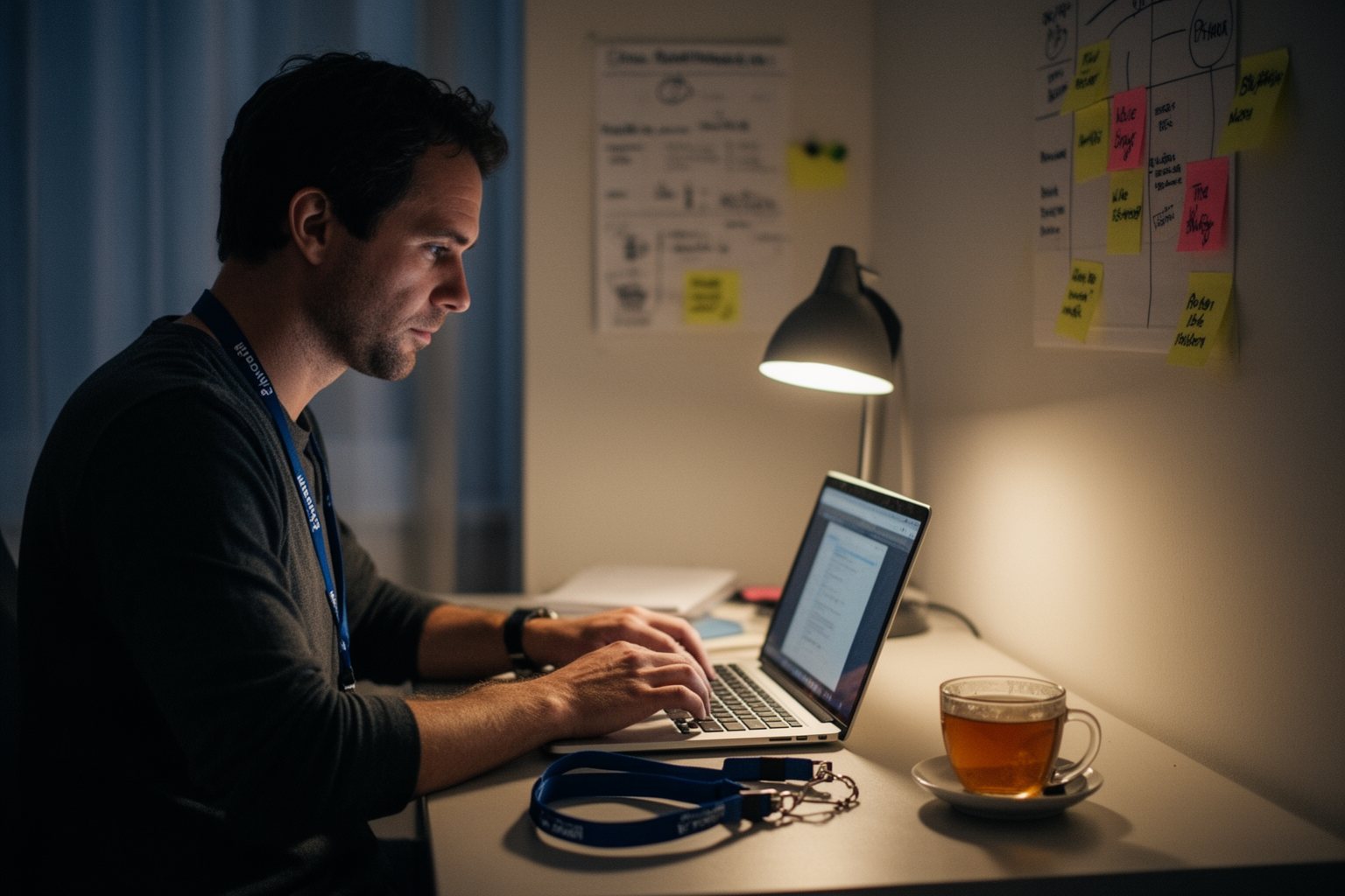 Man working on a side project at a home desk after his day job, lamp lit
