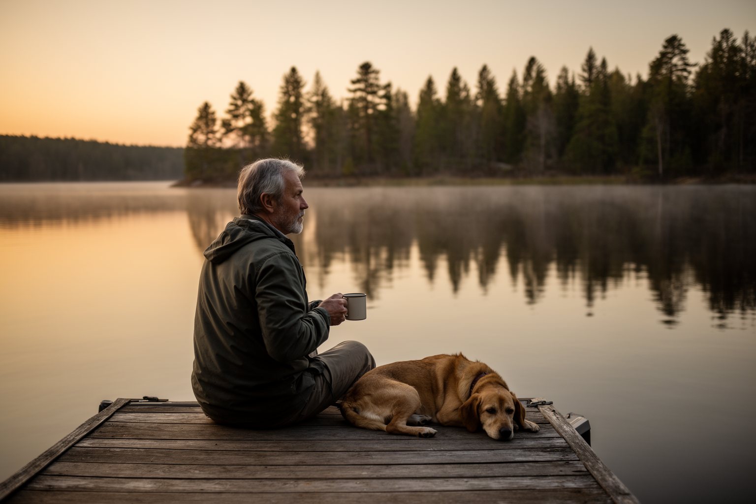 The Art of Building Wealth Man sitting on a wooden dock by a calm lake at sunset, enjoying financial freedom
