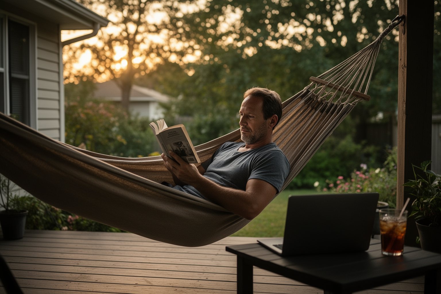 The Silent Money Maker: Passive Income Secrets for a Secure Future Man reading a book in a porch hammock at golden hour, a picture of income that doesn't need daily work