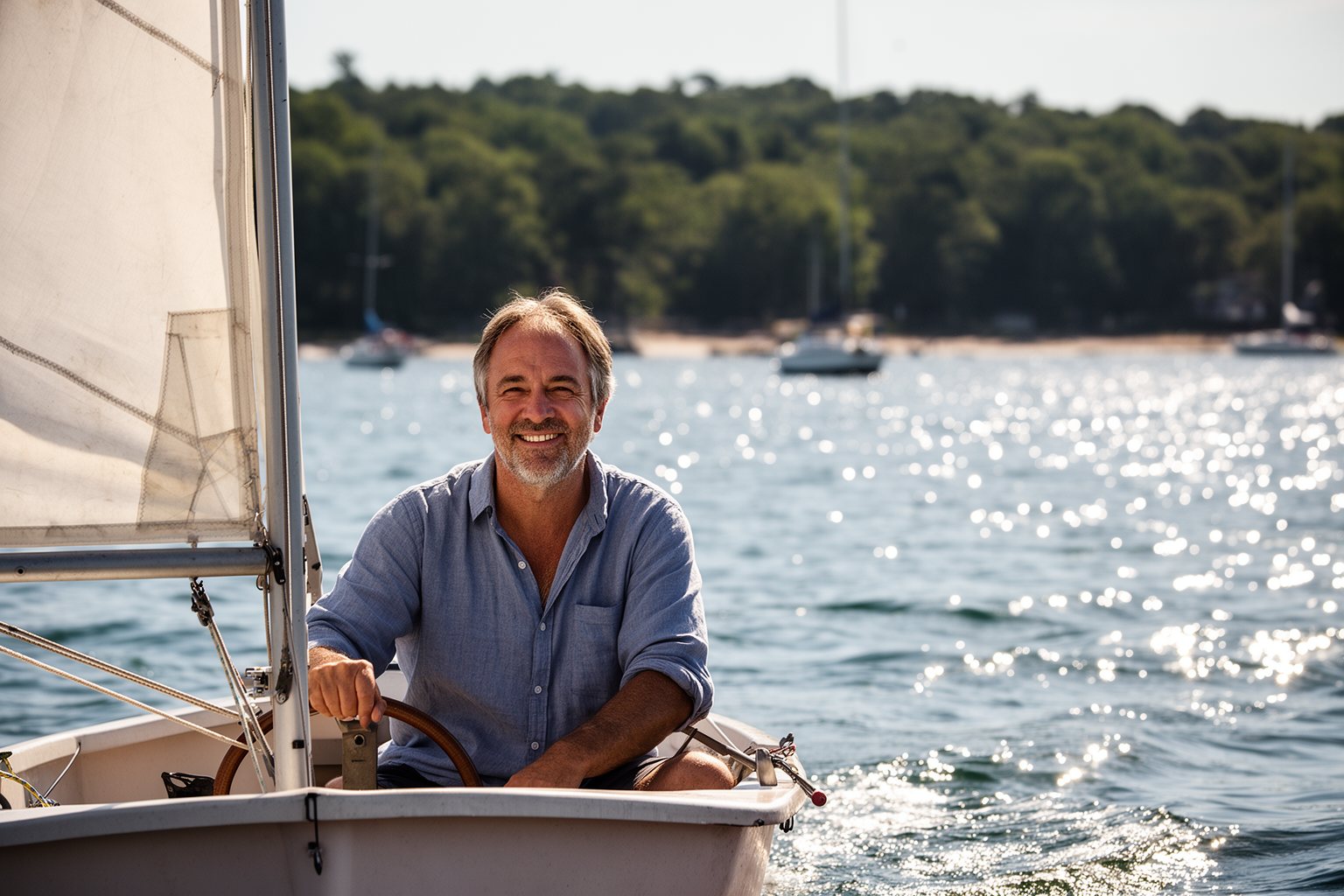 Middle-aged man sailing a small boat on a sunny weekday afternoon