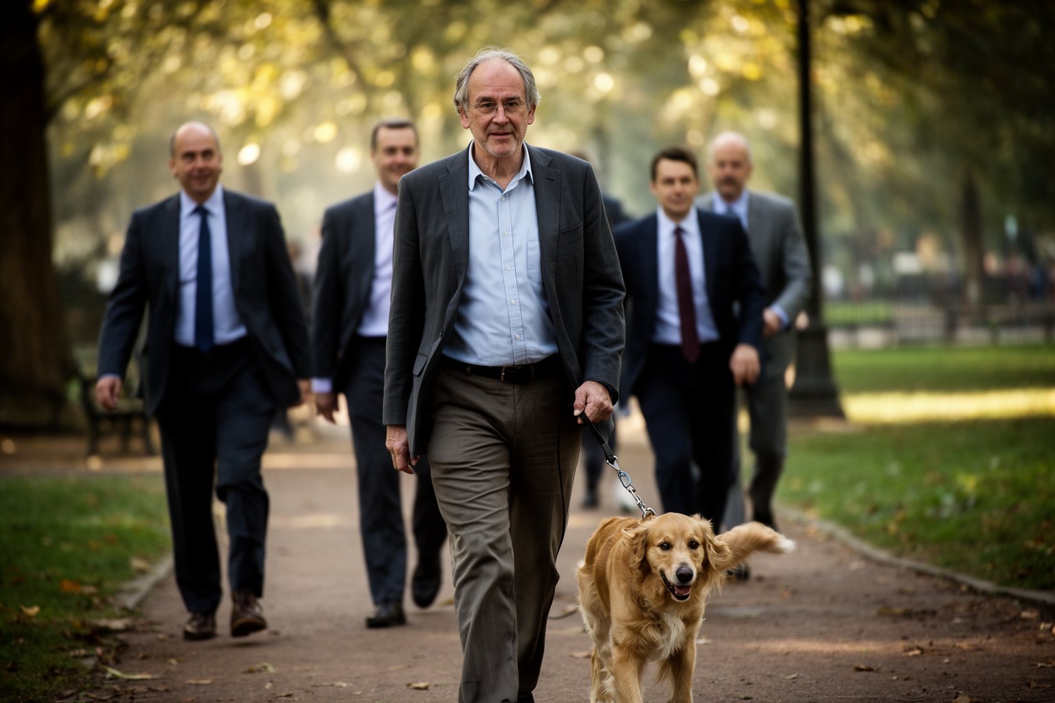 Man strolling with his dog through a city park while commuters hurry past