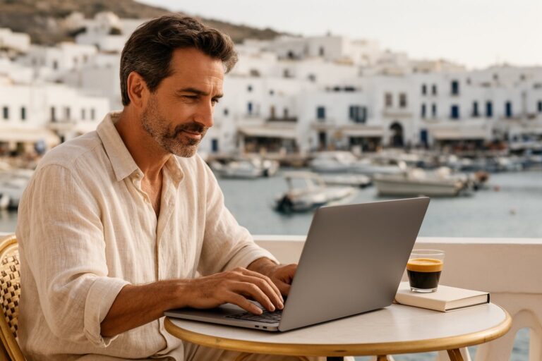 Man working on a laptop at a seaside café terrace on a weekday morning