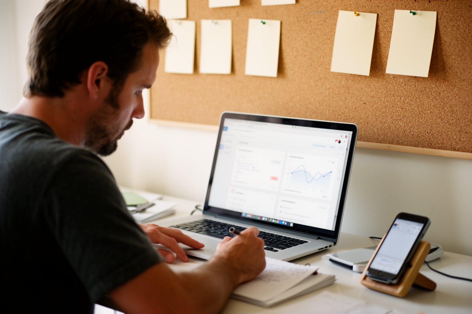 Online Wealth Creation: E-commerce, Blogging and Crypto Digital marketer reviewing website traffic on a laptop while planning social posts