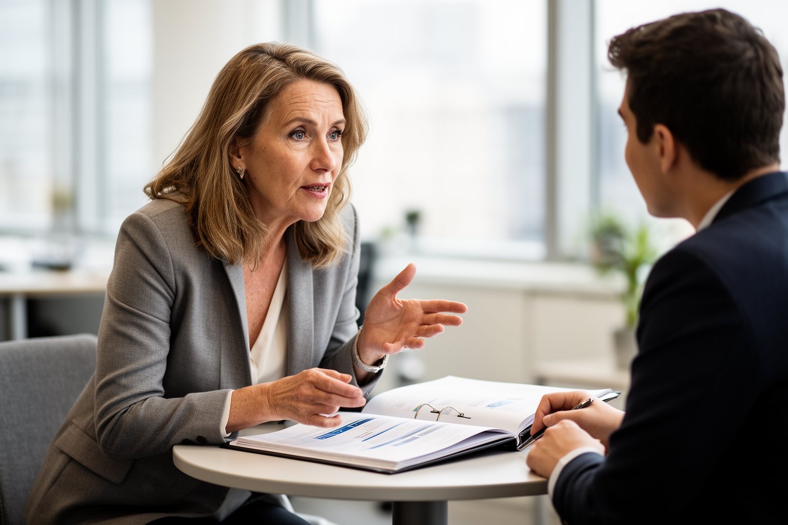 Mature candidate talking with an interviewer in a bright office during a career-change interview