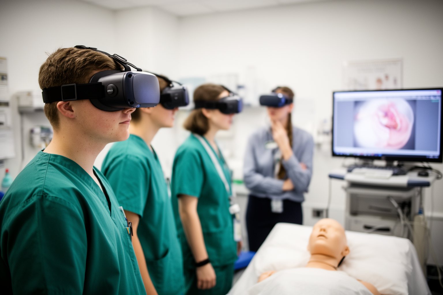 Transforming Realities: The Evolution of VR Gaming Medical students training with VR headsets in a university simulation lab