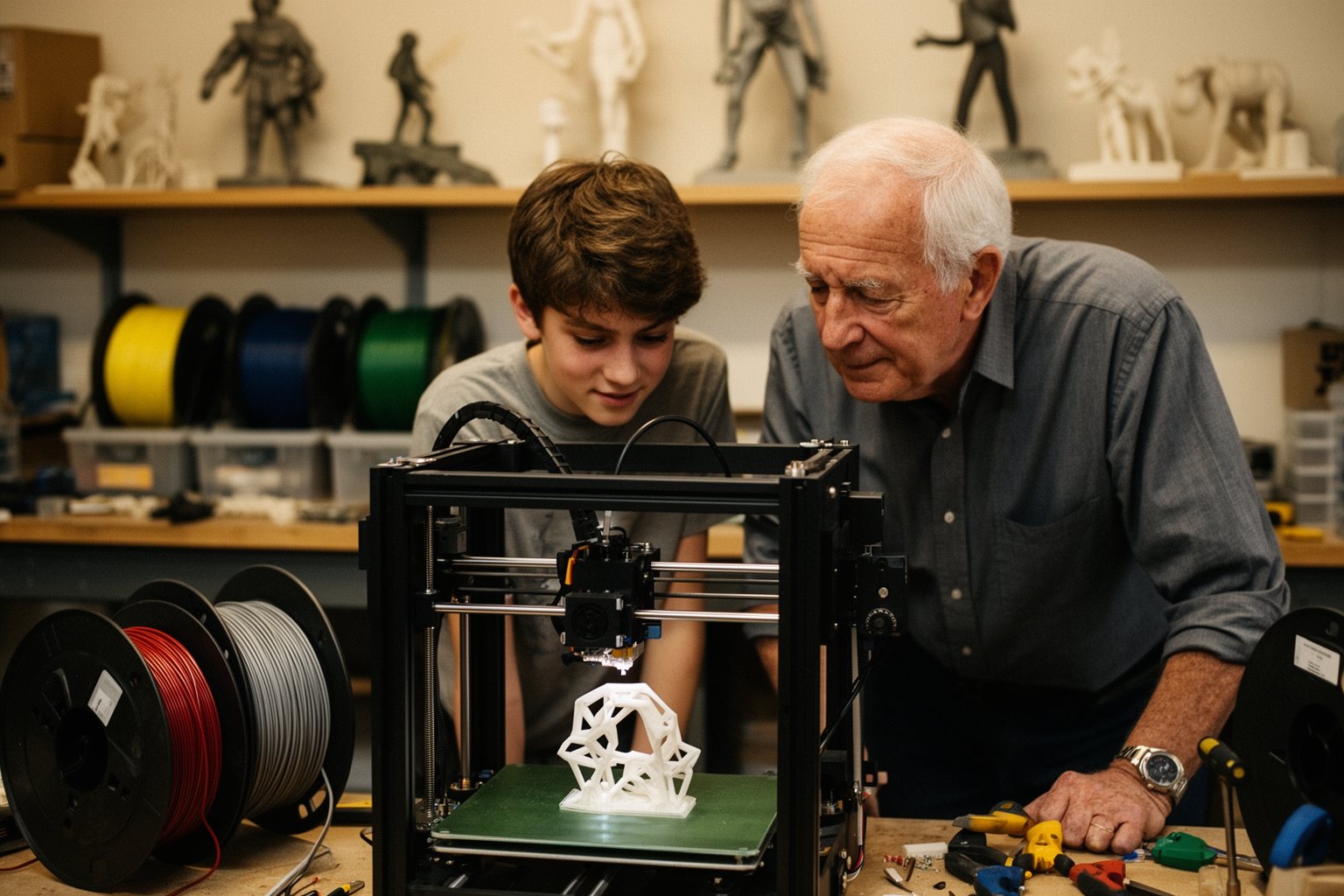 Navigating the AI Apocalypse: Preparing for the Future Through Adaptability and Lifelong Learning Mentor and apprentice working together beside a 3D printer in a makerspace
