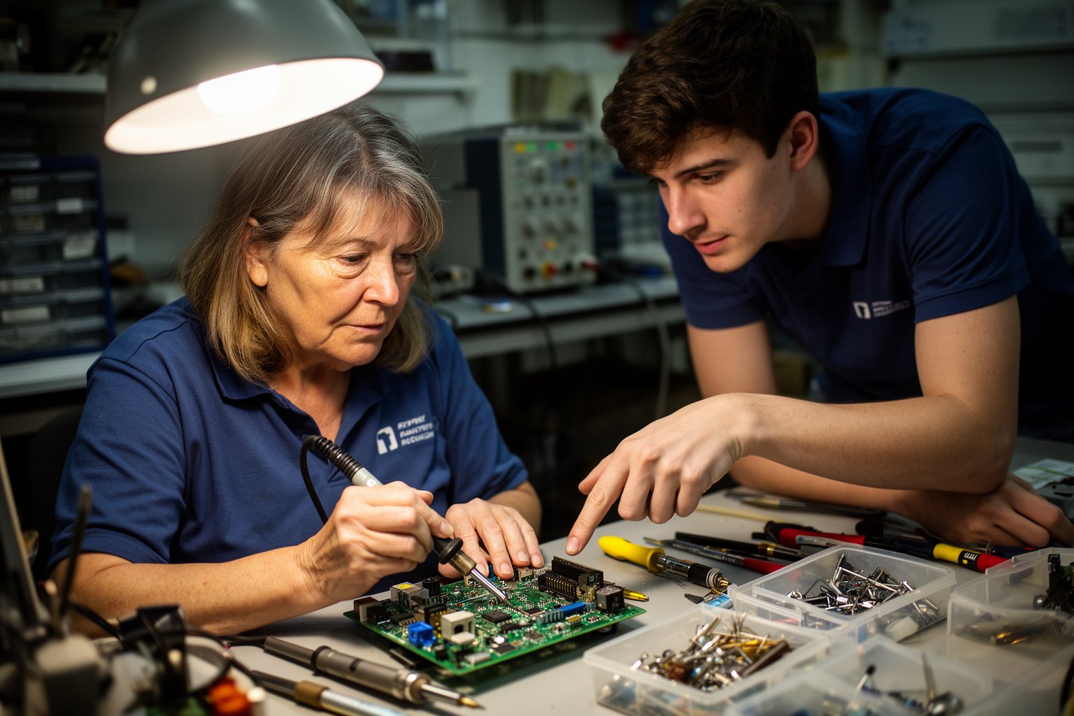 Career changer learning from a mentor at a workbench in their new role