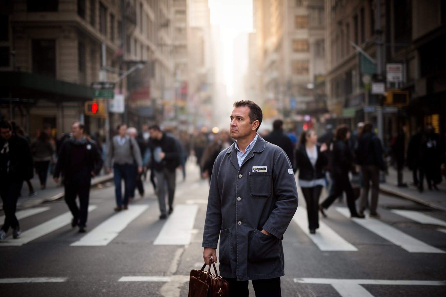 Mid-career man pausing at a busy city crossing in the morning, weighing a career change