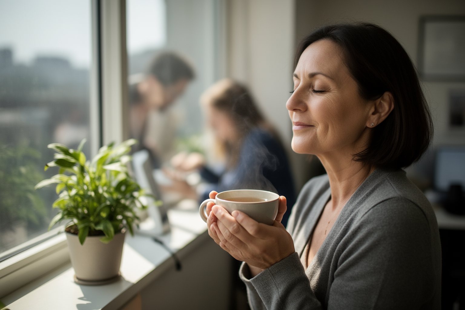 Woman taking a quiet mindful tea break by an office window to look after her mental health
