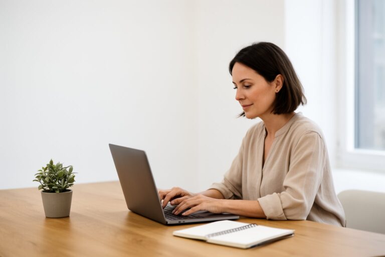 Minimalism at Work: Simplify Your Job for a Balanced Life Professional working calmly at a clean minimalist desk with a laptop and plant, minimalism at work