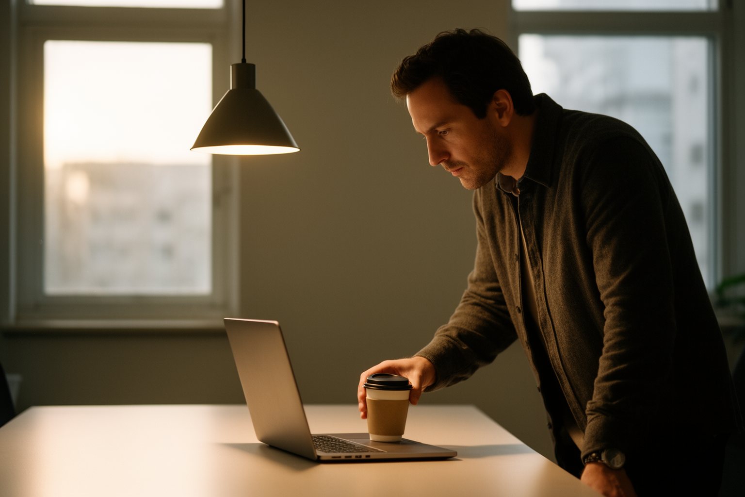 Man arriving at an uncluttered desk in the morning with just a coffee and laptop