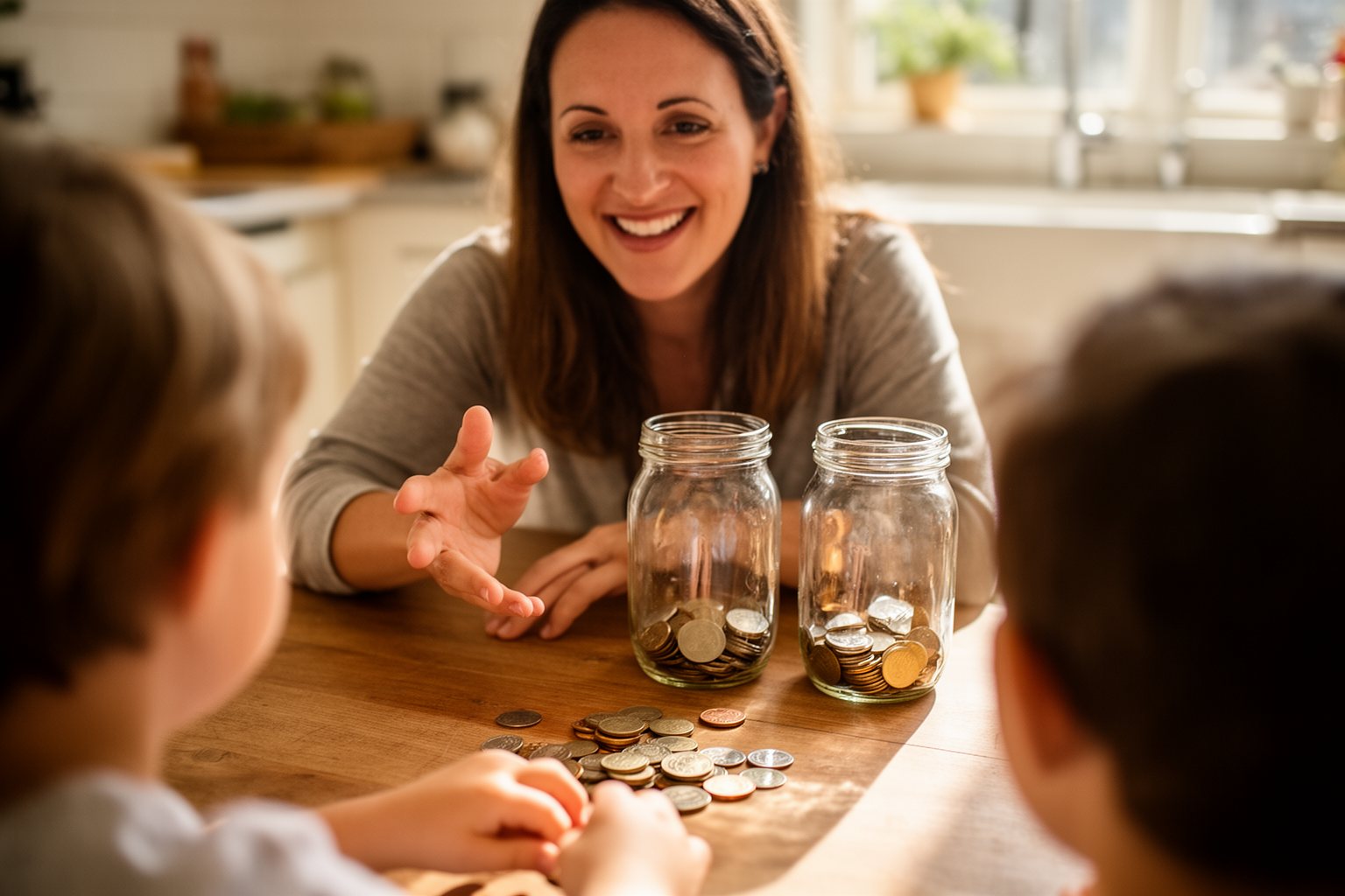 Financial Literacy for Kids: A Parent's Guide Mother teaching her child about money with coins and jars at the kitchen table, financial literacy for kids