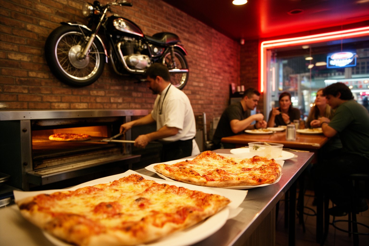 Las Vegas Foodie Spots: 8 Off-Strip Eateries Worth the Trip Pizza slices on the counter of a motorcycle-themed pizzeria in downtown Las Vegas