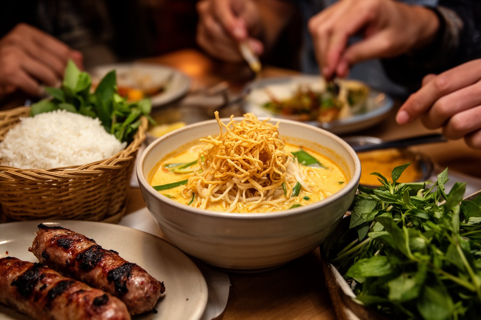 Las Vegas Foodie Spots: 8 Off-Strip Eateries Worth the Trip Northern Thai khao soi, sausage and sticky rice on a table at a Las Vegas restaurant