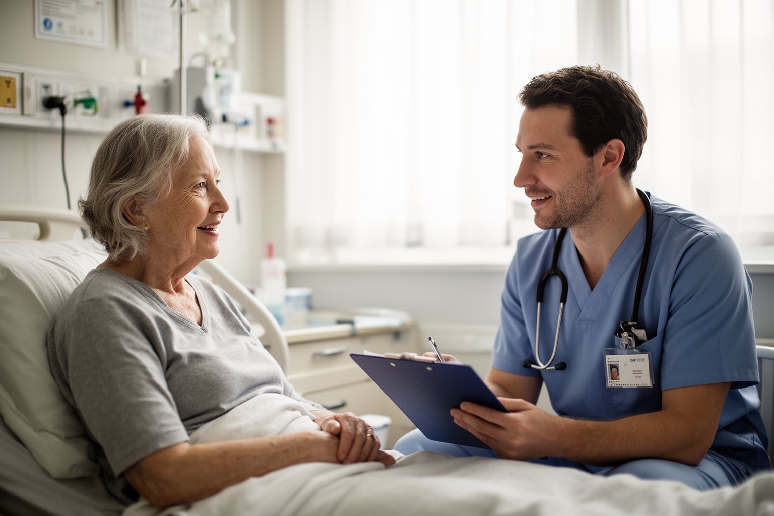 Nurse talking kindly with an older patient on a hospital ward