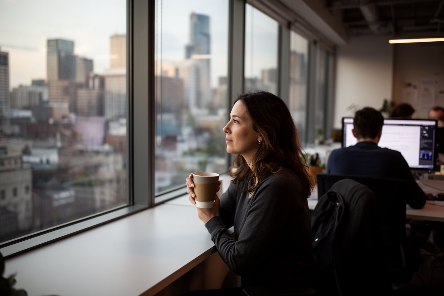 Office worker pausing at her desk to look out the window, thinking about job security