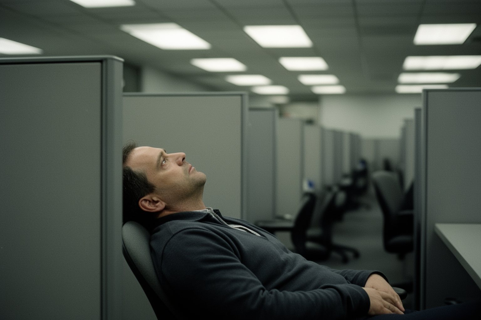 Man slumped at his desk under fluorescent lights, bored with a monotonous job