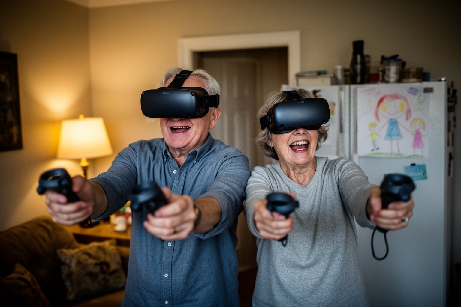 Transforming Realities: The Evolution of VR Gaming Couple in their sixties laughing while trying VR headsets together at home