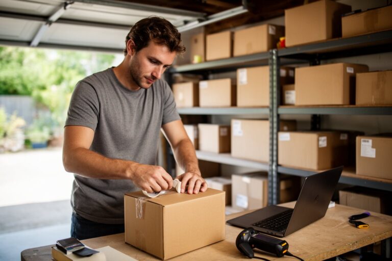 Online seller taping a shipment box in a garage stocked with inventory shelves