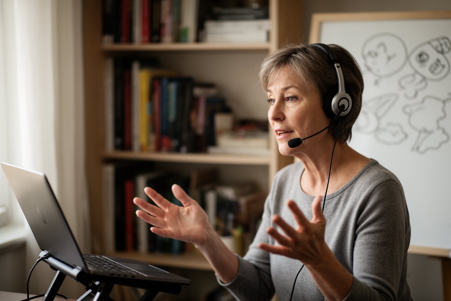 Online tutor with a headset teaching a video lesson from a home office