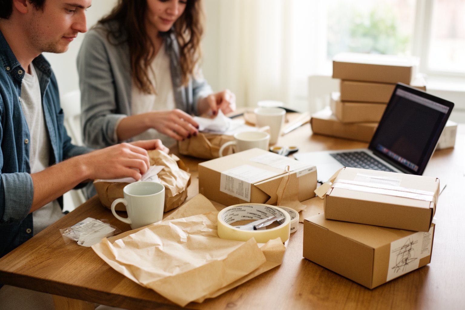 Couple packing online store orders into boxes on their dining table