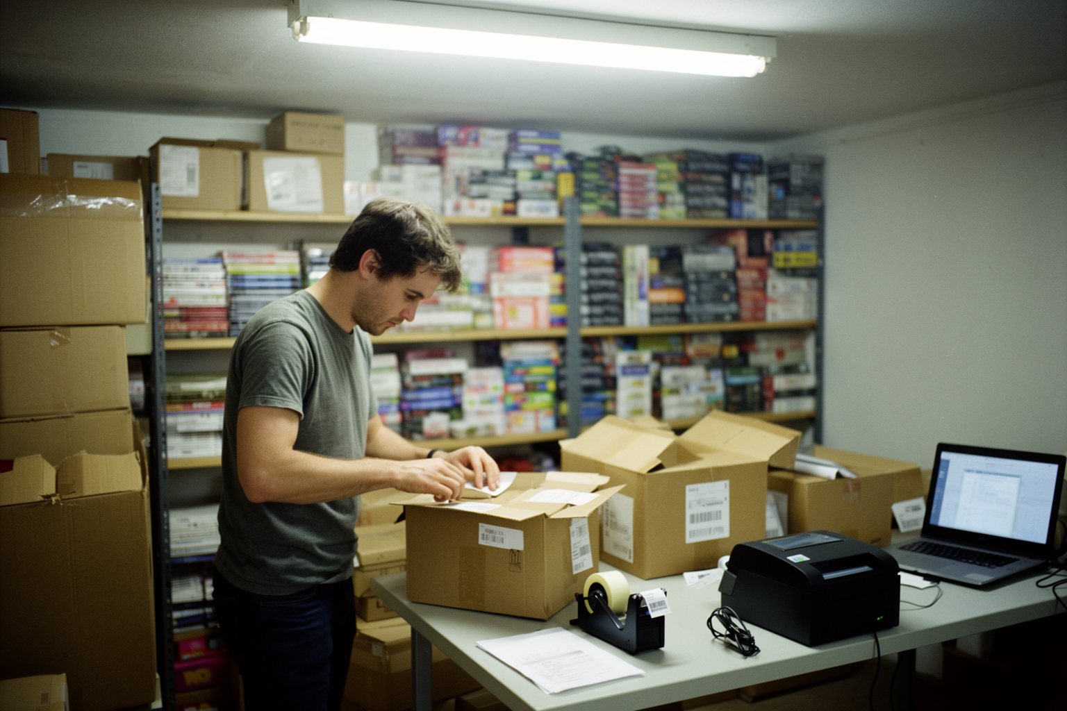 Online business owner packing customer orders into boxes in a small stockroom