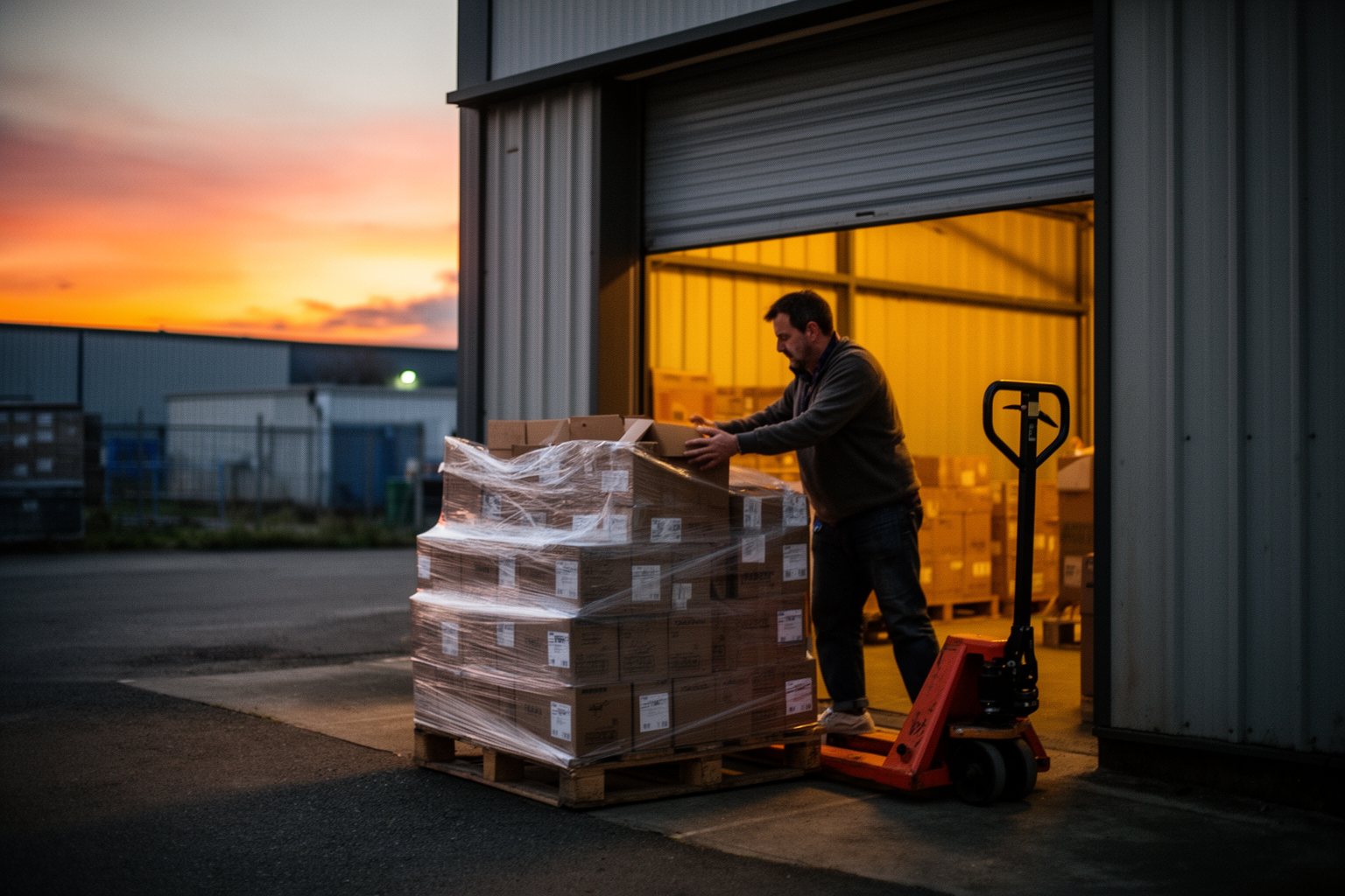 Maximize Your Profits: Amazon Money Making Guide Seller stacking shipment boxes on a pallet outside a small warehouse unit at dusk